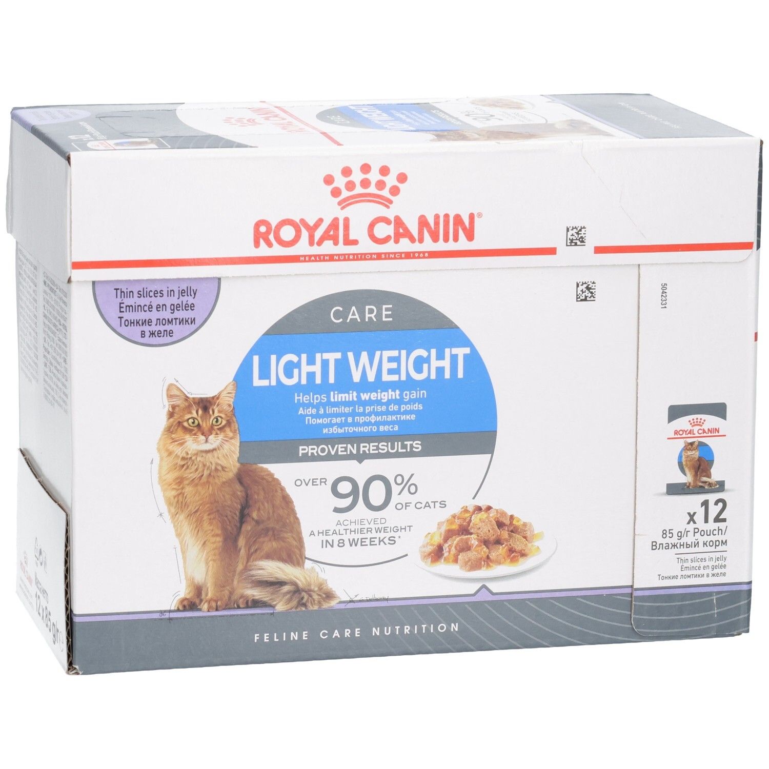 Royal Canin Feline Light Weight Care Multipack: Karton mit 12 Beuteln Katzenfutter in Gelee.