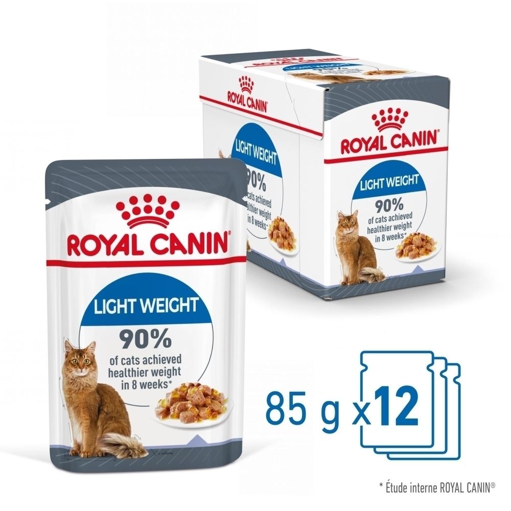 Royal Canin Light Weight Katzenfutter-Beutel, 12x85g. Zeigt eine Katze und Futter. Enthält '90% of cats achieved healthier weight in 8 weeks'.