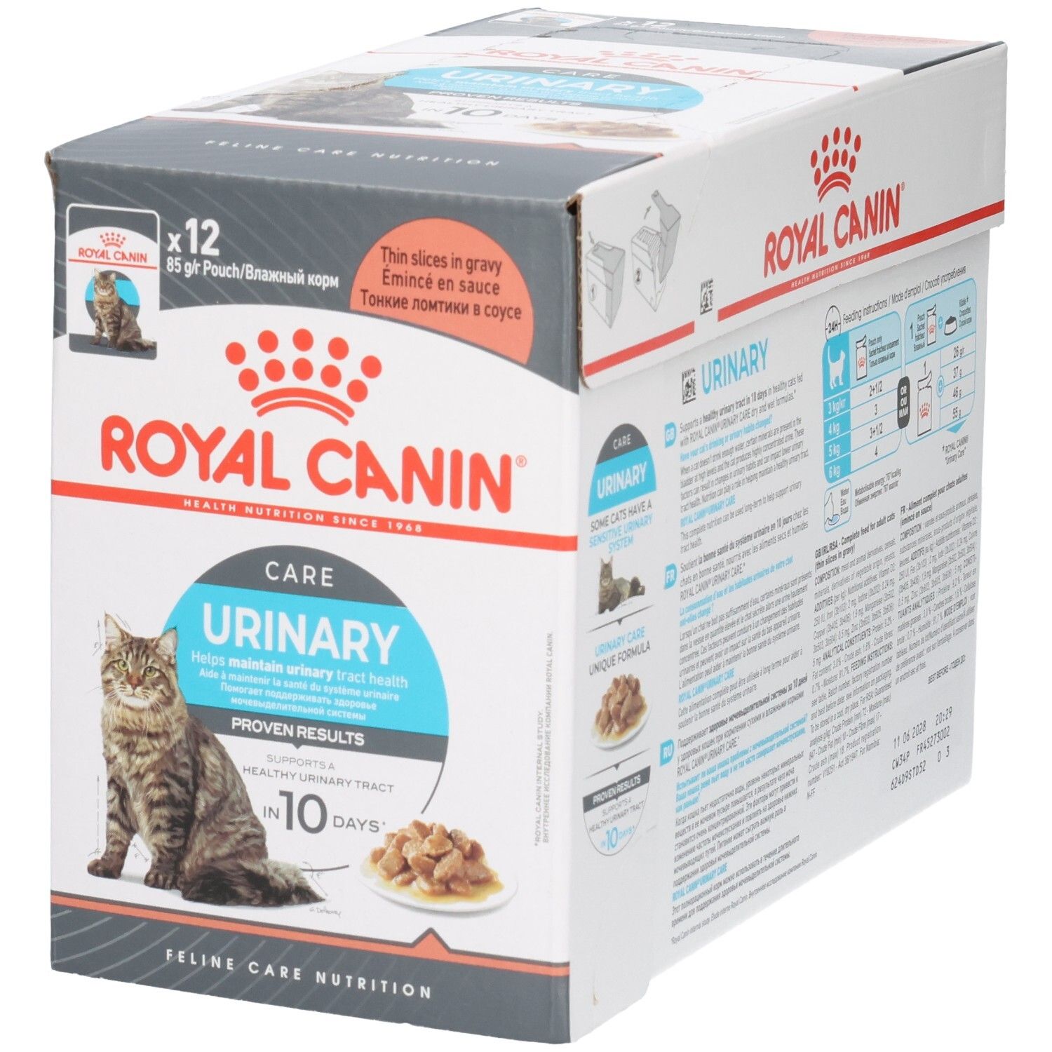 Royal Canin Urinary Care Katzenfutter-Box mit 12 Beuteln à 85g. Zeigt eine Katze und Futter. Unterstützt die Harnwege.