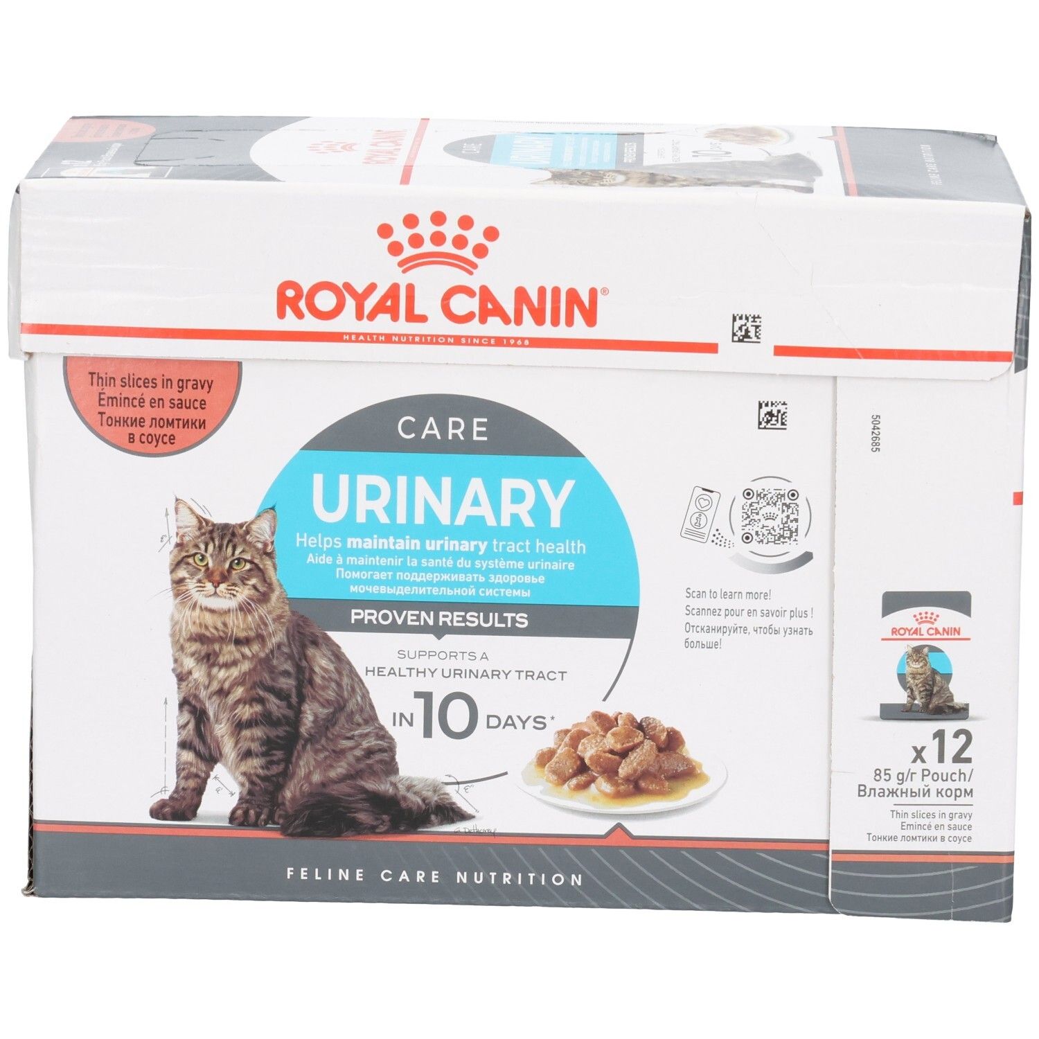 Royal Canin Urinary Care Katzenfutter-Box mit 12 Beuteln à 85g. Zeigt eine Katze und Futter. Unterstützt die Harnwege.