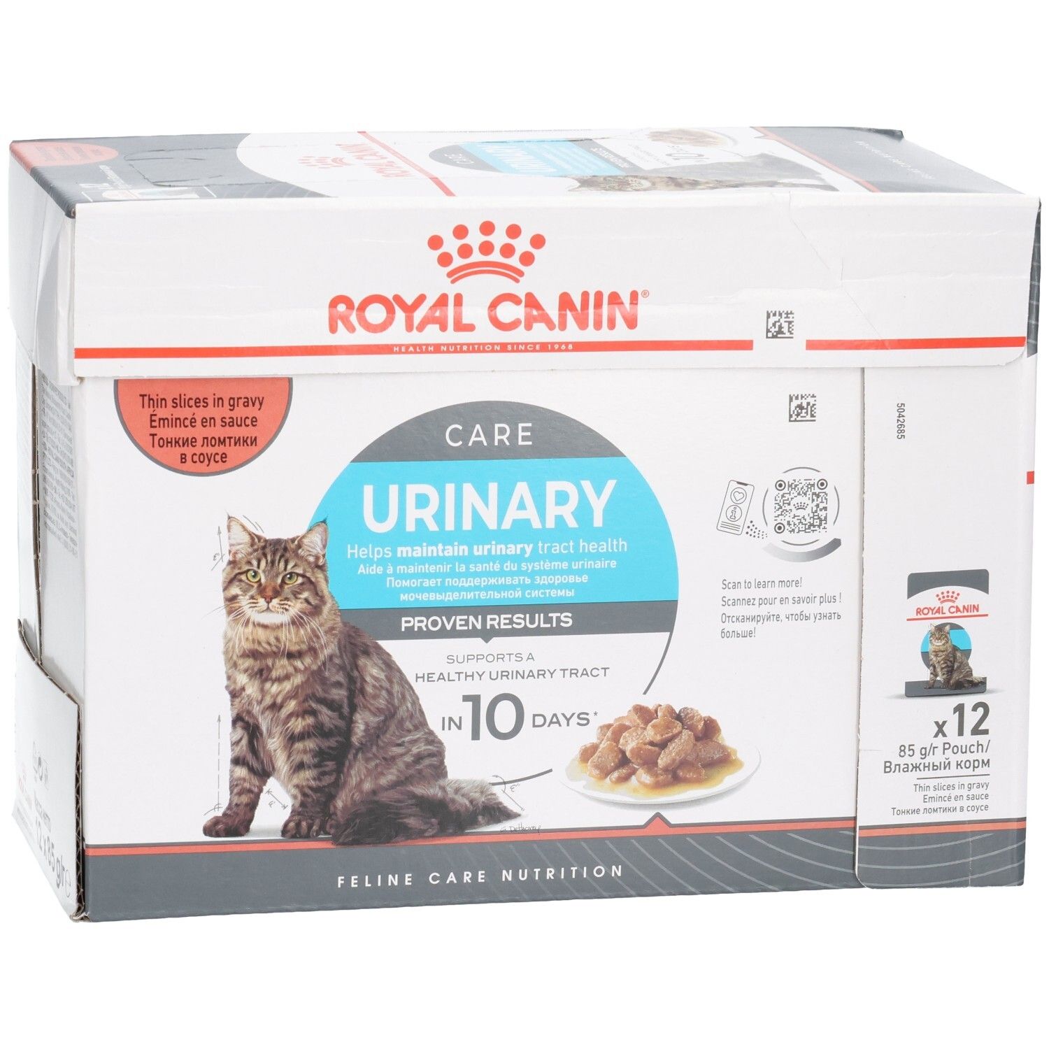 Royal Canin Urinary Care Katzenfutter-Box mit 12 Beuteln à 85g. Zeigt eine Katze und Futter. Unterstützt die Harnwege.