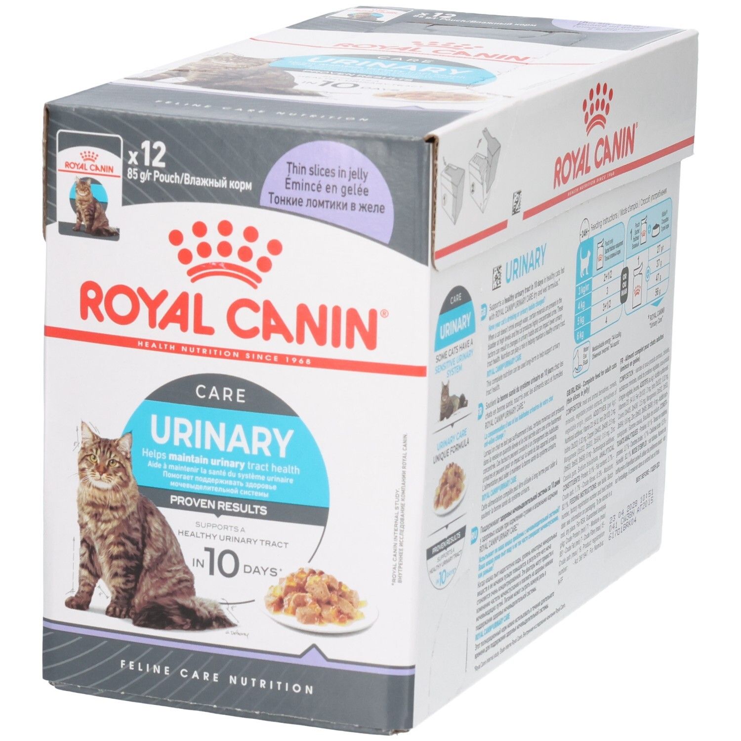 Royal Canin Urinary Care Katzenfutter-Box, Vorderseite mit Katze und Produktbild, 12x 85g Beutel.