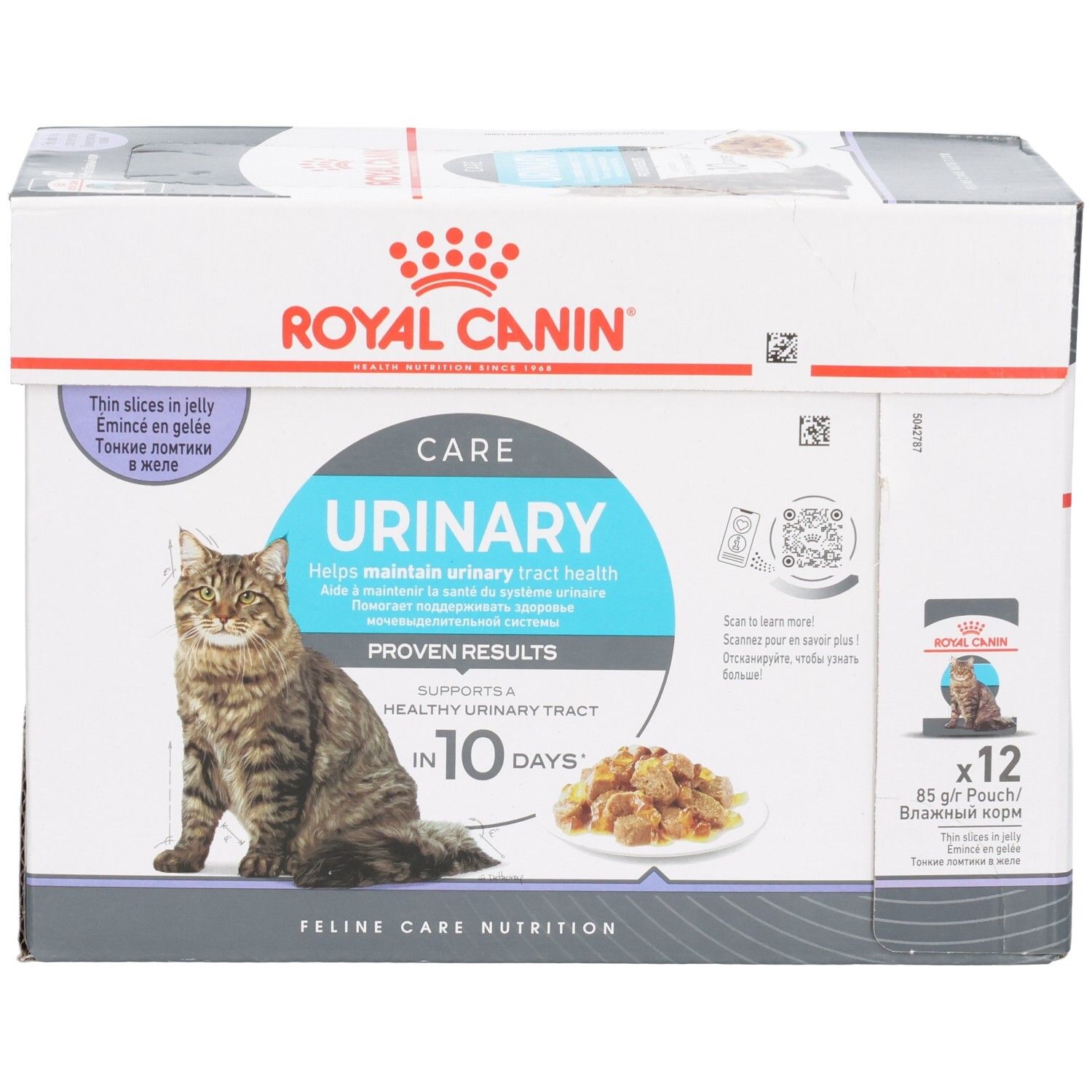 Vorderansicht der Royal Canin Urinary Care Katzenfutter-Box, zeigt 12x 85g Beutel und eine Katze.