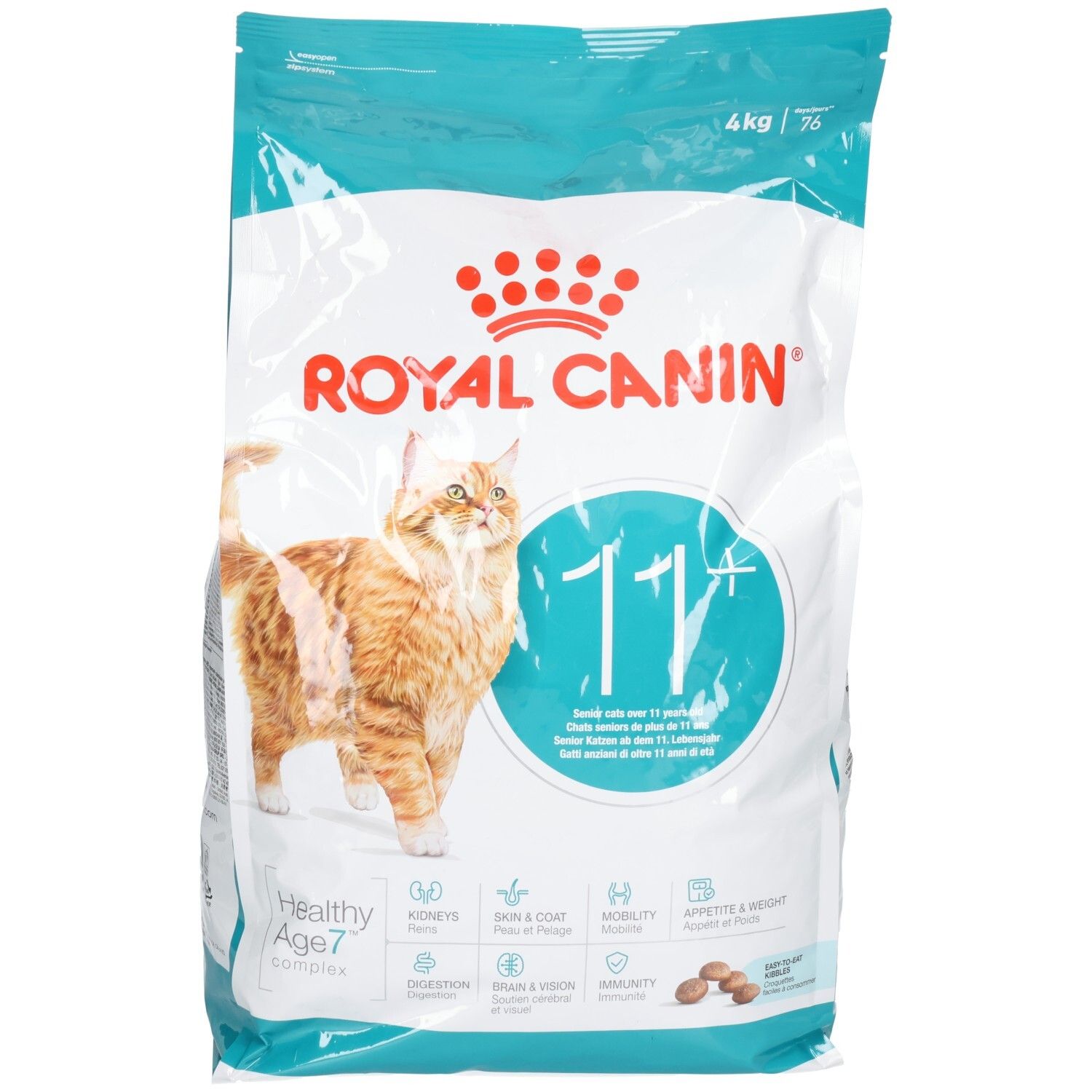 Royal Canin AGEING 11+ Katzenfutter, 4kg Beutel mit Katze und Produktinformationen.