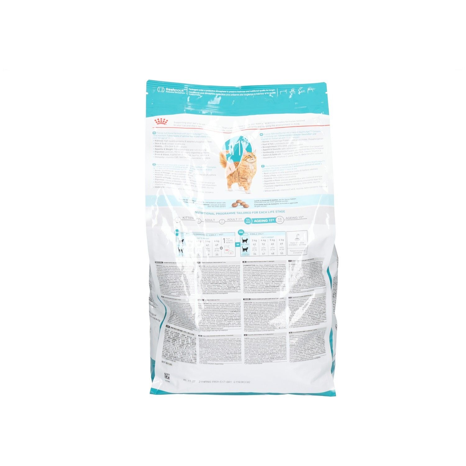Rückseite des Royal Canin AGEING 11+ Katzenfutterbeutels, 4kg, mit detaillierten Informationen.