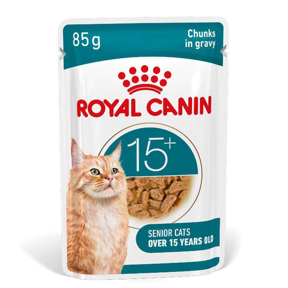 Nourriture Royal Canin 15+, sachet de 85g, pour chats seniors de plus de 15 ans.
