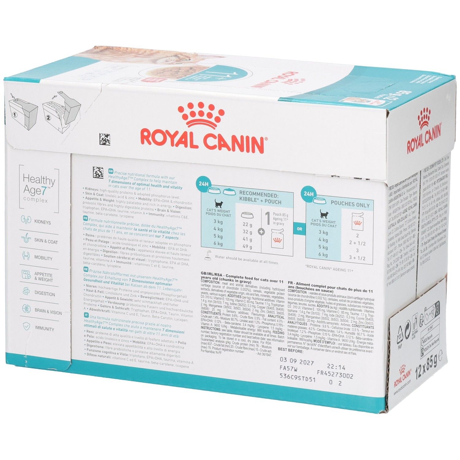 Royal Canin 11+ Katzennahrung, 12x85g Beutel, für Seniorkatzen über 11 Jahre.
