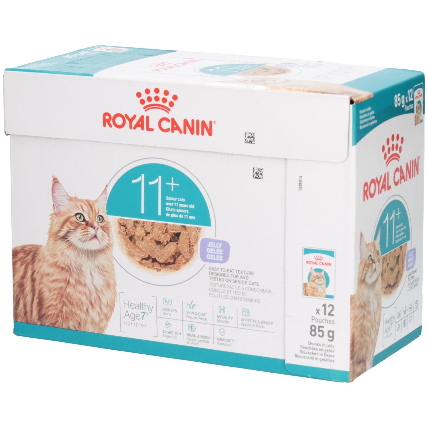 Royal Canin 11+ Katzenfutter in Gelee, 12x85g Packung mit Katzenmotiv.