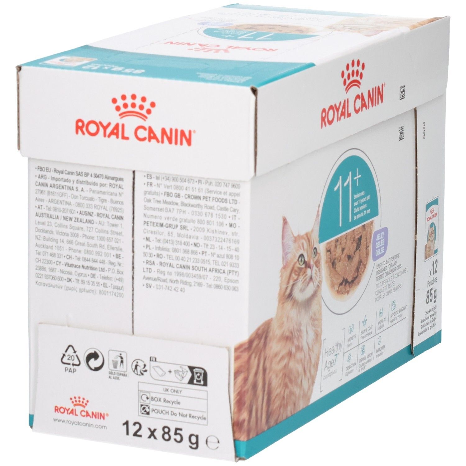 Rückseite der Royal Canin 11+ Katzenfutter-Packung mit detaillierten Informationen und Recycling-Symbolen.
