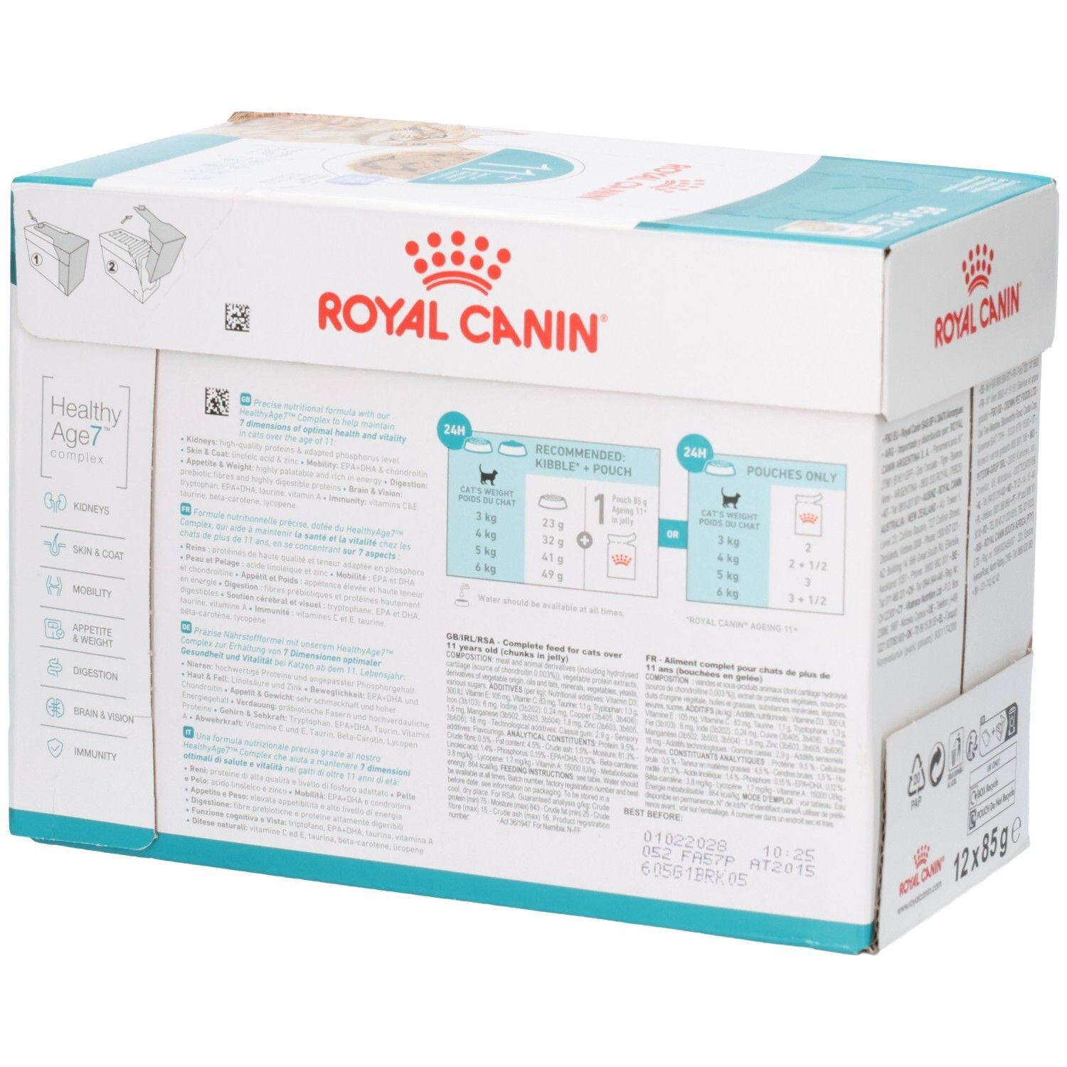 Seitenansicht der Royal Canin 11+ Katzenfutter-Packung mit Fütterungsempfehlungen und Produktmerkmalen.