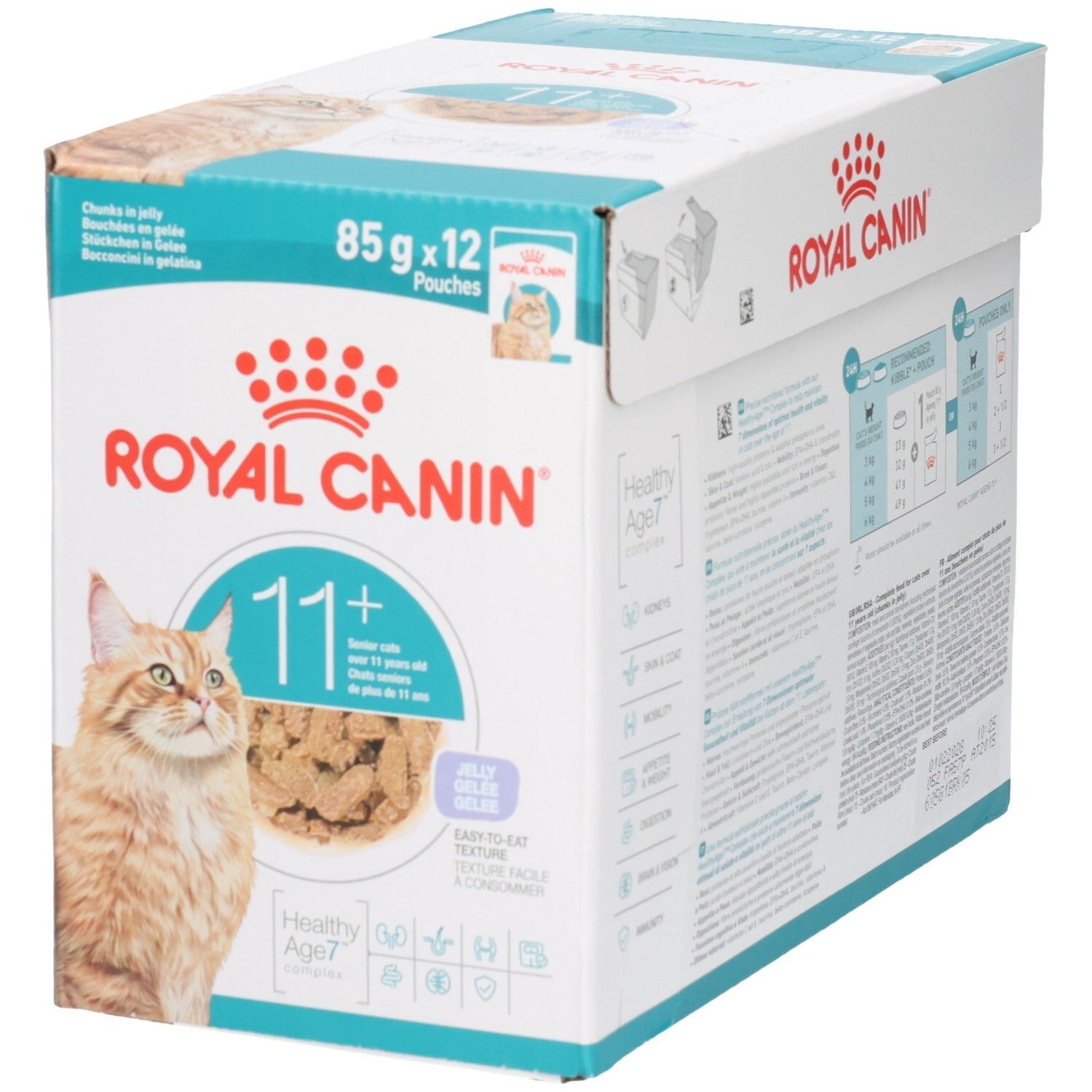 Vorderseite der Royal Canin 11+ Katzenfutter-Packung, 12x85g, mit Bild einer Schale Futter und einer Katze.