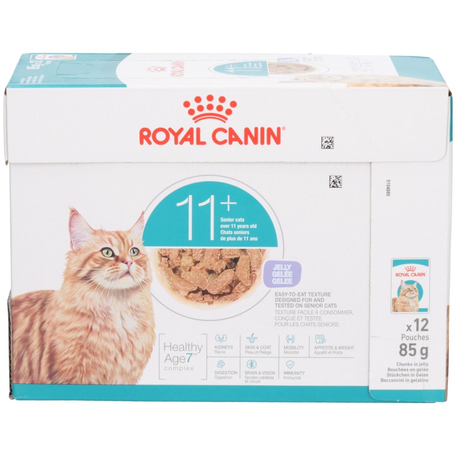 Royal Canin 11+ Katzenfutter in Gelee, 12x85g Packung, Fokus auf Produktbild und Marke.