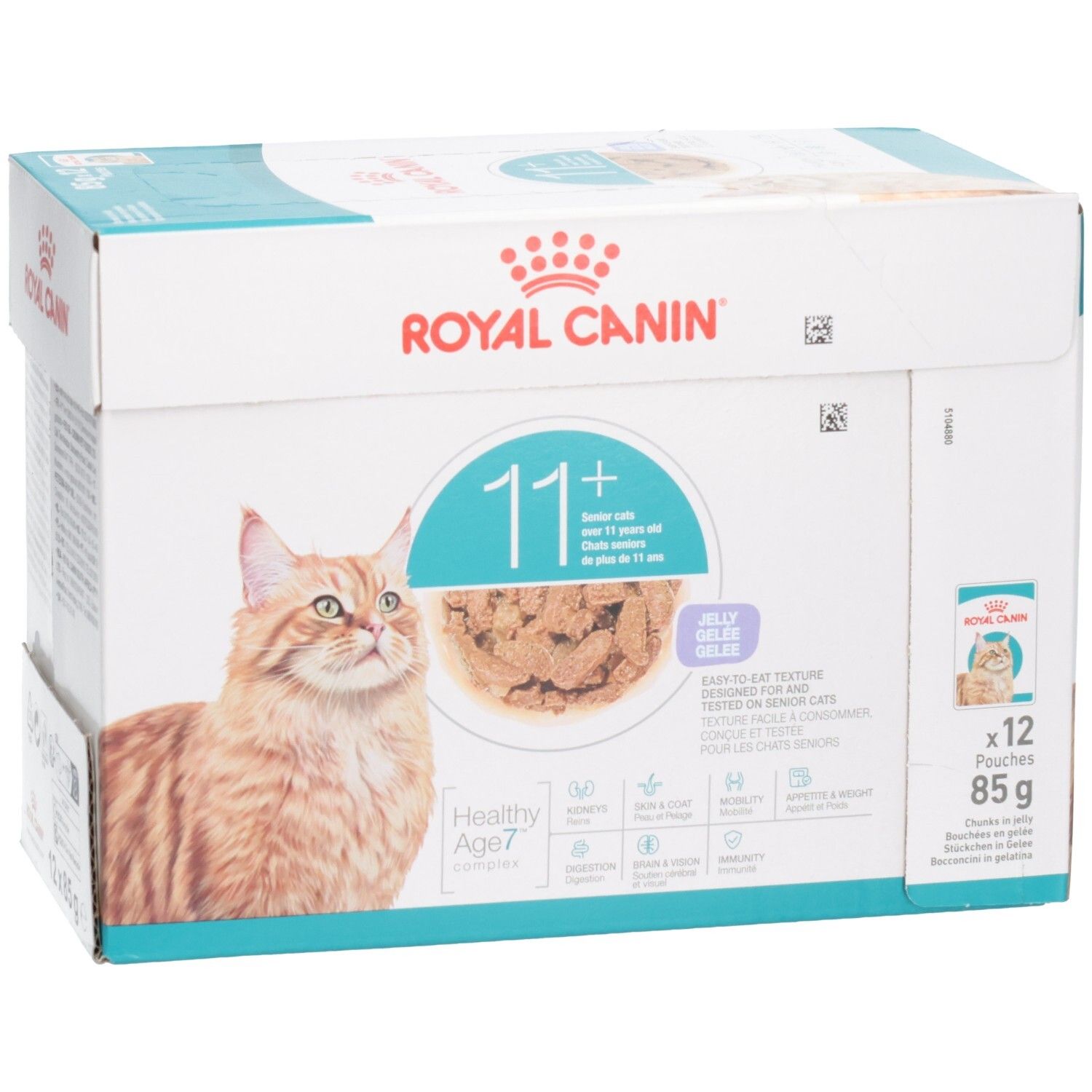 Royal Canin 11+ Katzenfutter, 12x85g Packung, mit Katze und Schale Futter, für Seniorenkatzen.