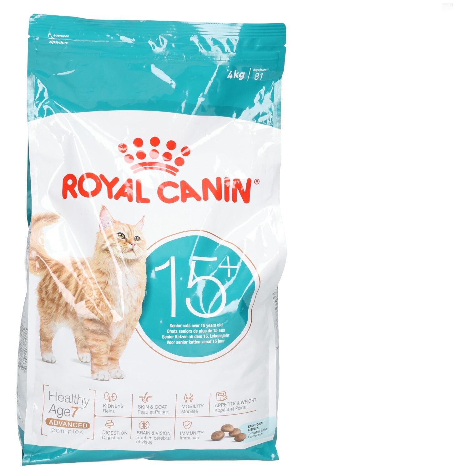 Royal Canin AGEING 15+ Katzenfutter, 4kg Beutel mit Bild einer Katze und Produktinformationen.