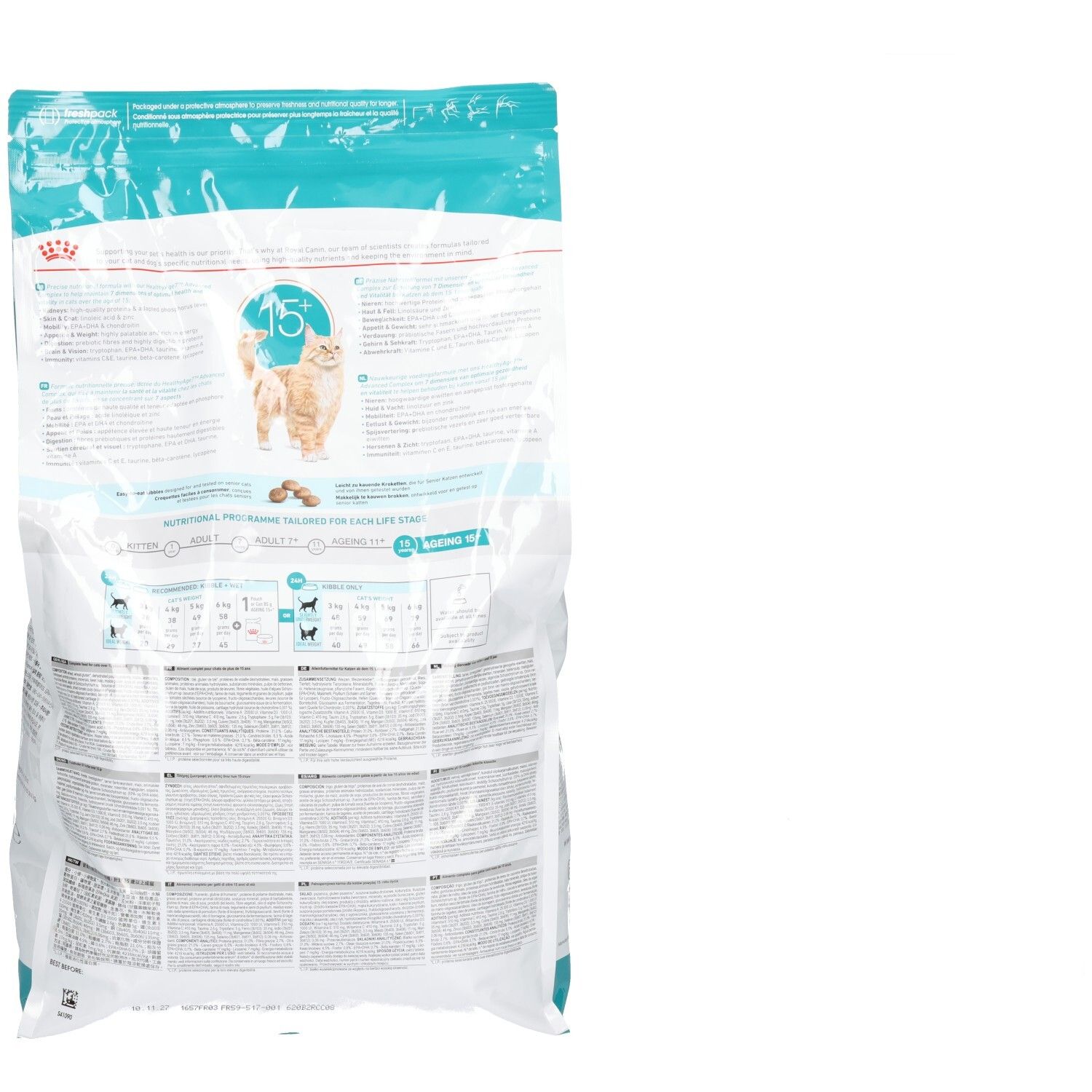 Rückseite des Royal Canin AGEING 15+ Katzenfutterbeutels (4kg) mit detaillierten Nährwertangaben und Anwendungshinweisen.