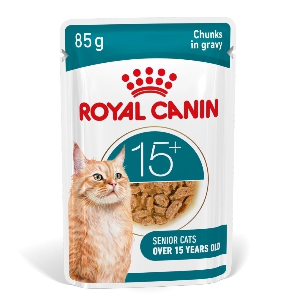 Nourriture Royal Canin 15+, sachet de 85g avec morceaux en sauce.