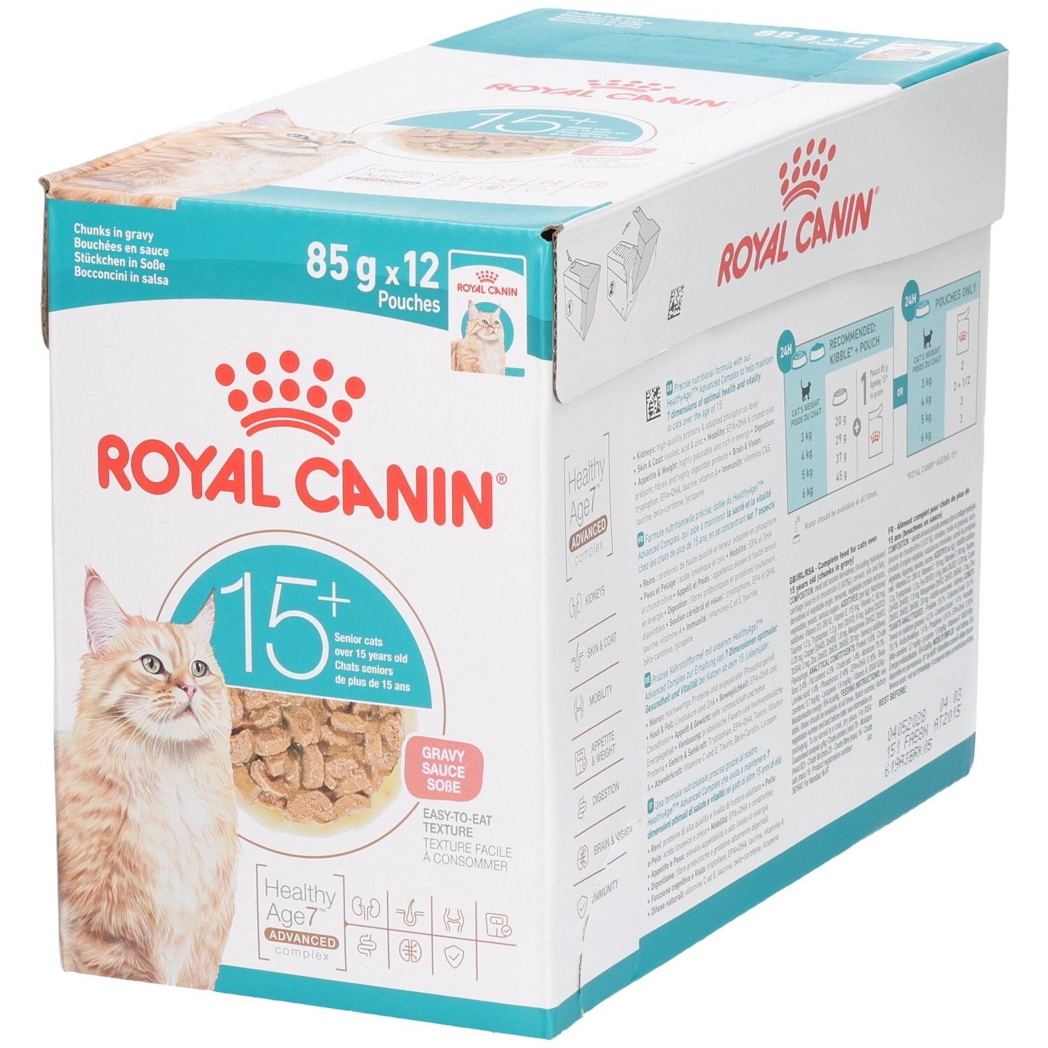 Royal Canin 15+ Katzennahrung, 12x85g Beutel in Schachtel.