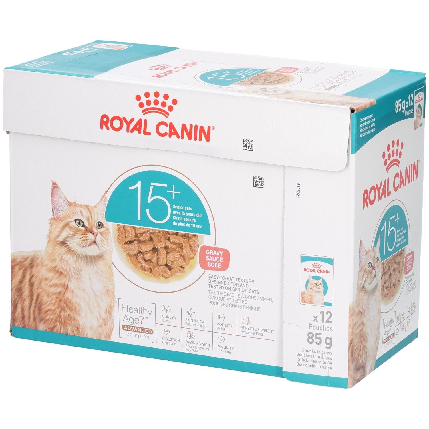 Royal Canin 15+ Katzennahrung, 12x85g Beutel in Schachtel.
