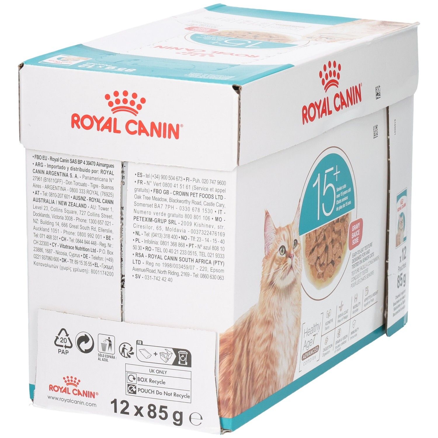 Royal Canin 15+ Katzennahrung, 12x85g Beutel in Schachtel.