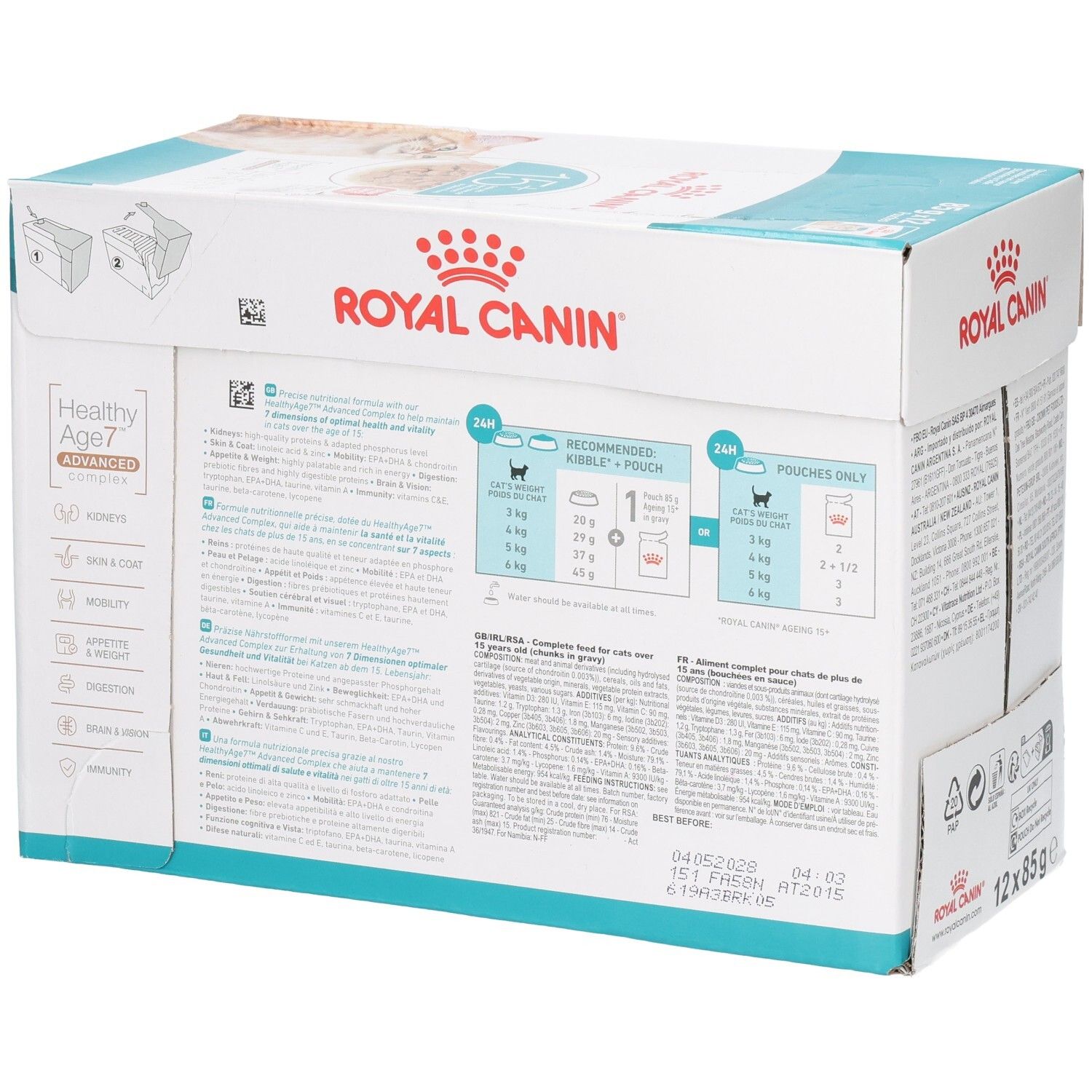 Royal Canin 15+ Katzennahrung, 12x85g Beutel in Schachtel.