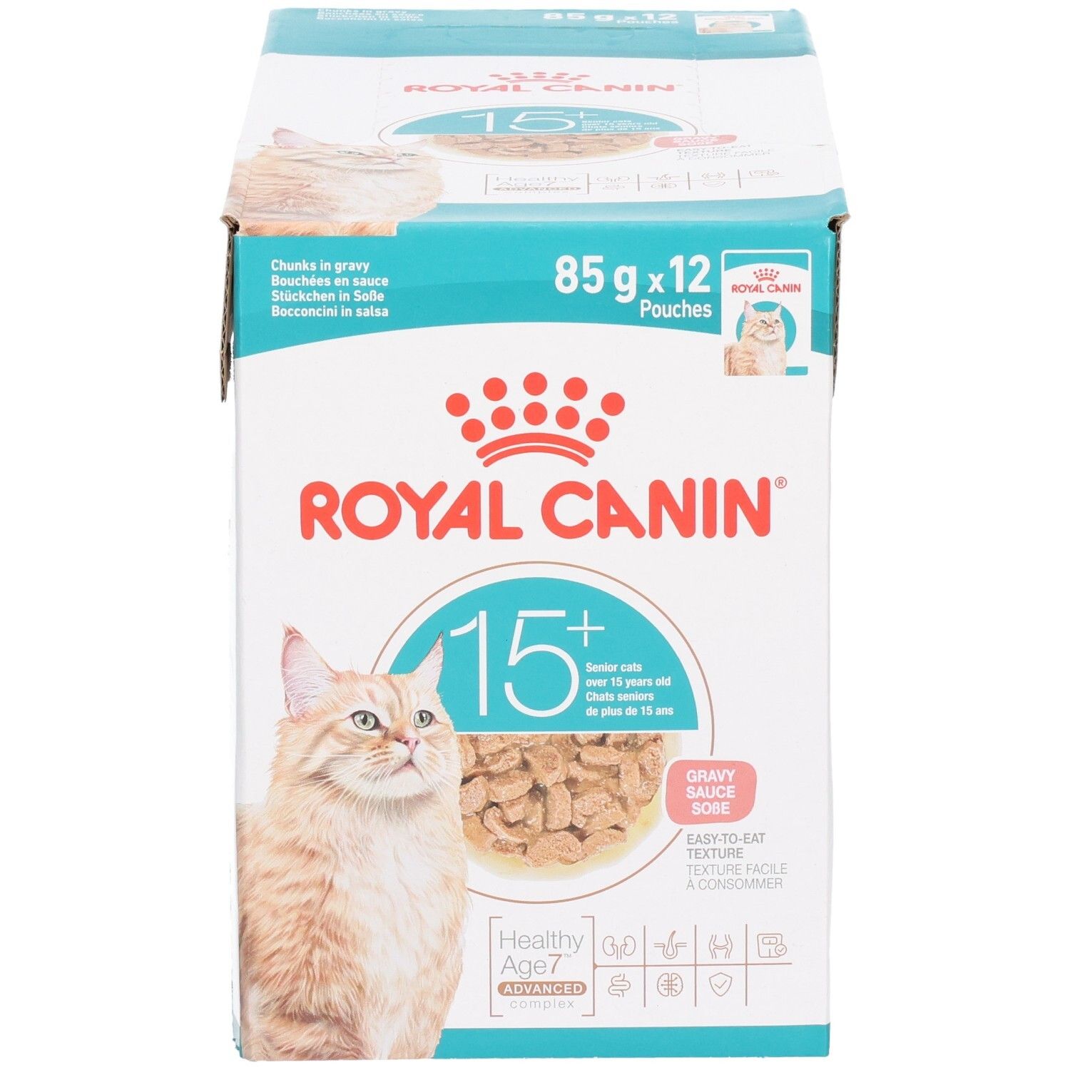 Royal Canin 15+ Katzennahrung, 12x85g Beutel in Schachtel.