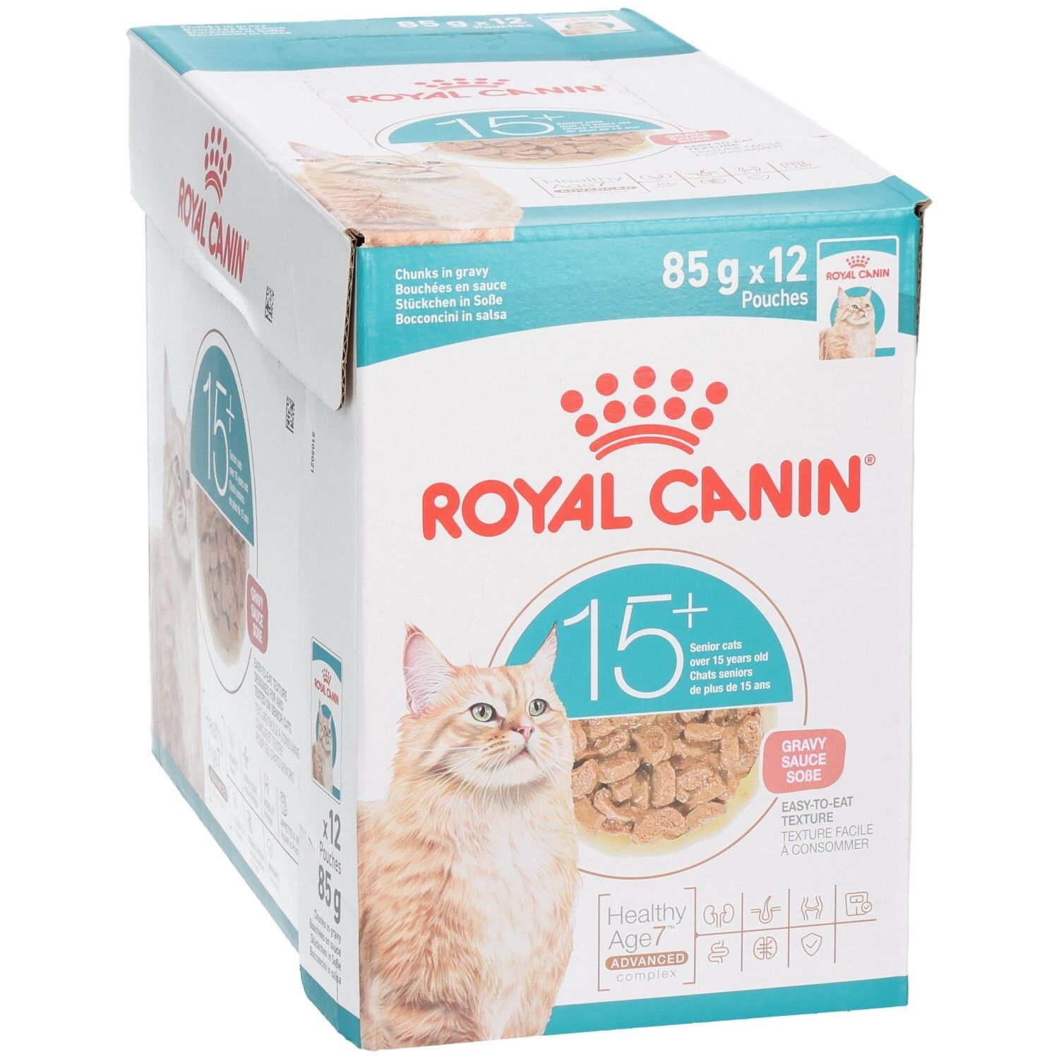 Royal Canin 15+ Katzennahrung, 12x85g Beutel in Schachtel.