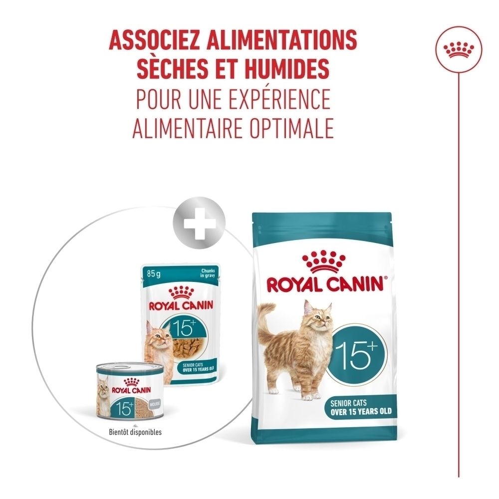 Nourriture Royal Canin 15+, sachet de 85g avec morceaux en sauce.