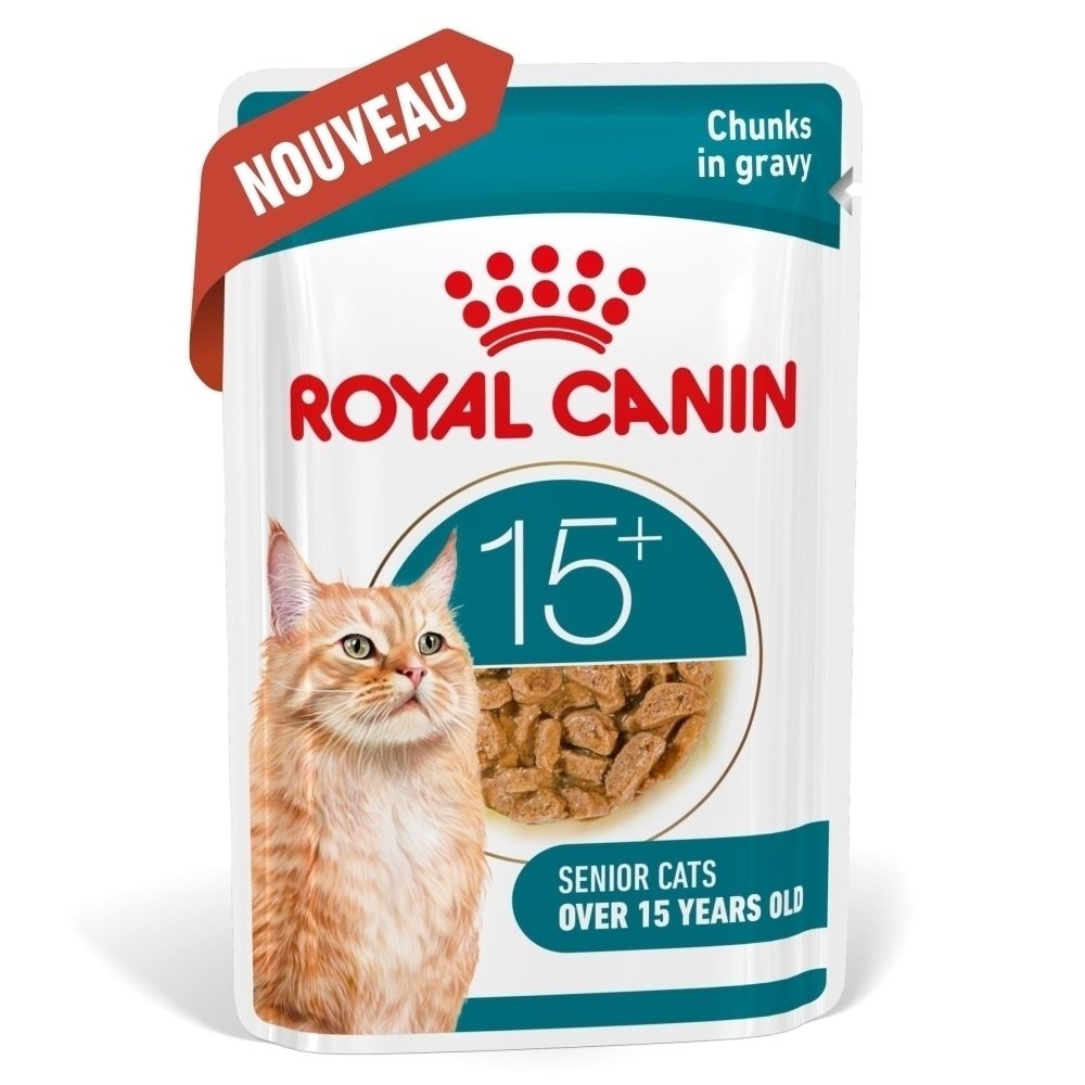 Nourriture Royal Canin 15+, sachet de 85g avec morceaux en sauce.