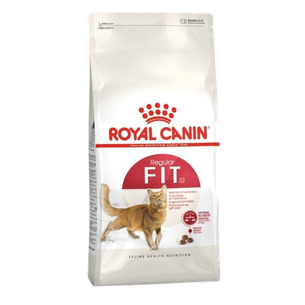 Sac de 10 kg de nourriture pour chats Royal Canin Fit 32, avec logo rouge Fit 32 et un chat.