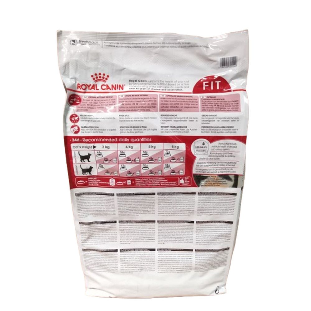 Rückseite eines 10 kg Beutels Royal Canin Fit 32 Katzenfutter mit Fütterungsempfehlungen.
