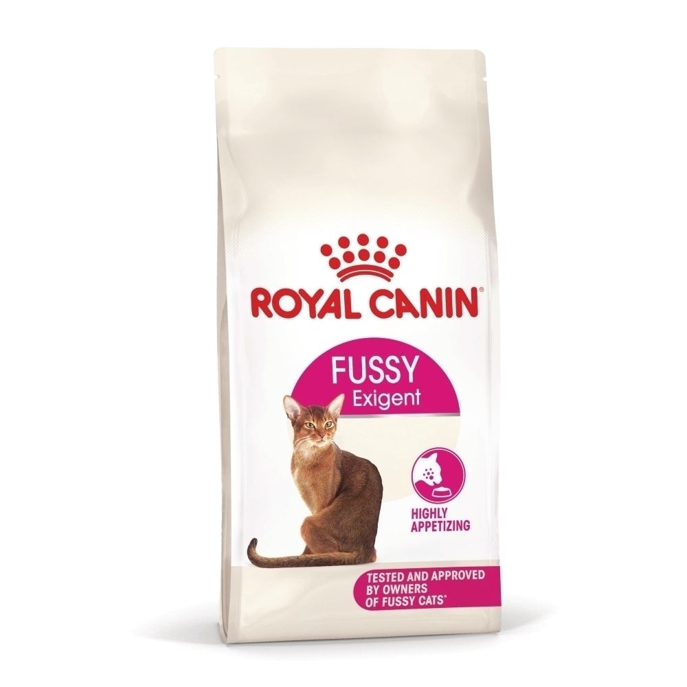 Royal Canin Fussy Exigent Katzenfutter-Packung mit Abessinierkatze und Text "Highly Appetizing".
