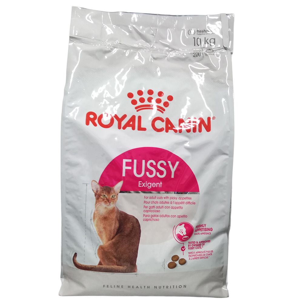 Royal Canin FUSSY EXIGENT 10kg Katzentrockenfutter-Sack mit Abbildung einer Katze und Futterbrocken.