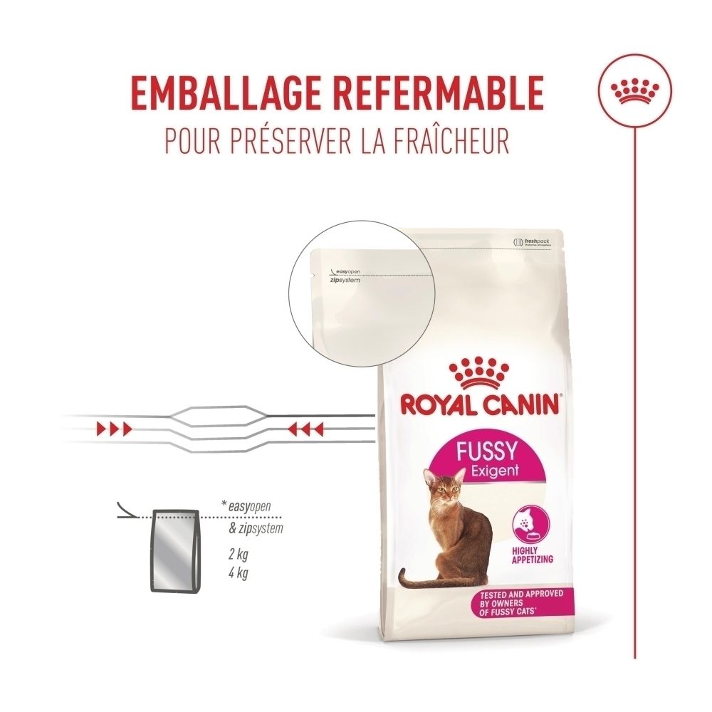Royal Canin Fussy Exigent Katzenfutter-Packung mit Katze und Produktinformationen. Wiederverschließbar.