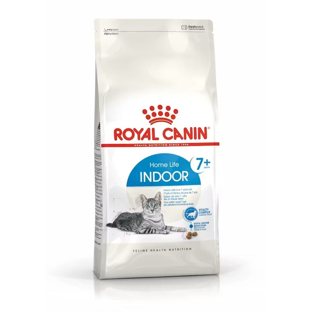 Sac de croquettes Royal Canin Indoor 7+ pour chat, avec image de chat et informations produit.