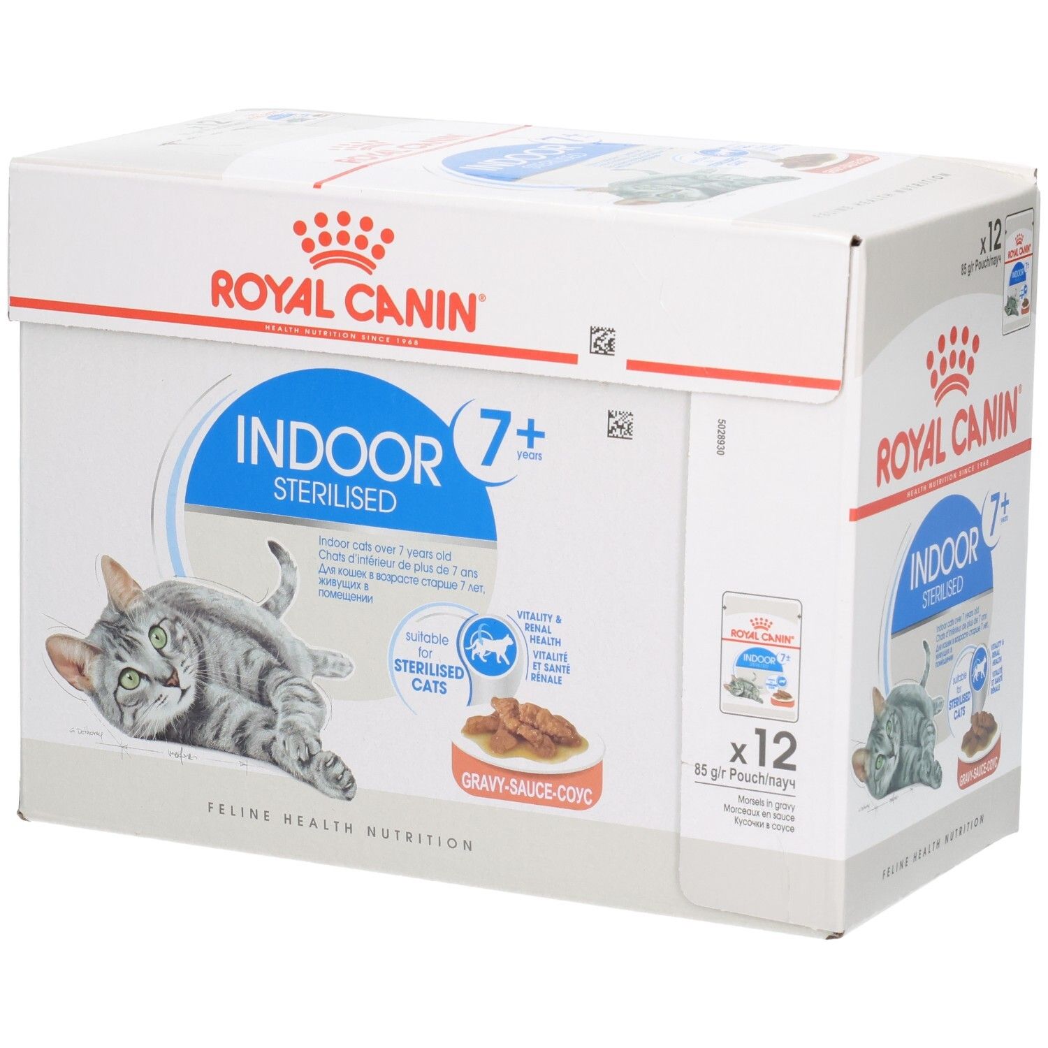 Royal Canin Indoor 7+ Sterilised Katzenfutter-Packung mit 12 Beuteln.