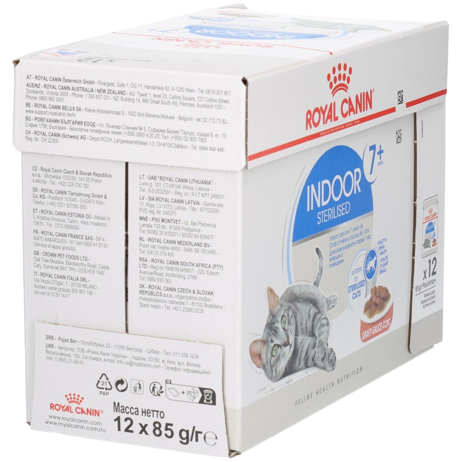 Rückseite einer Royal Canin Indoor 7+ Sterilised Katzenfutter-Packung mit Adressinformationen.