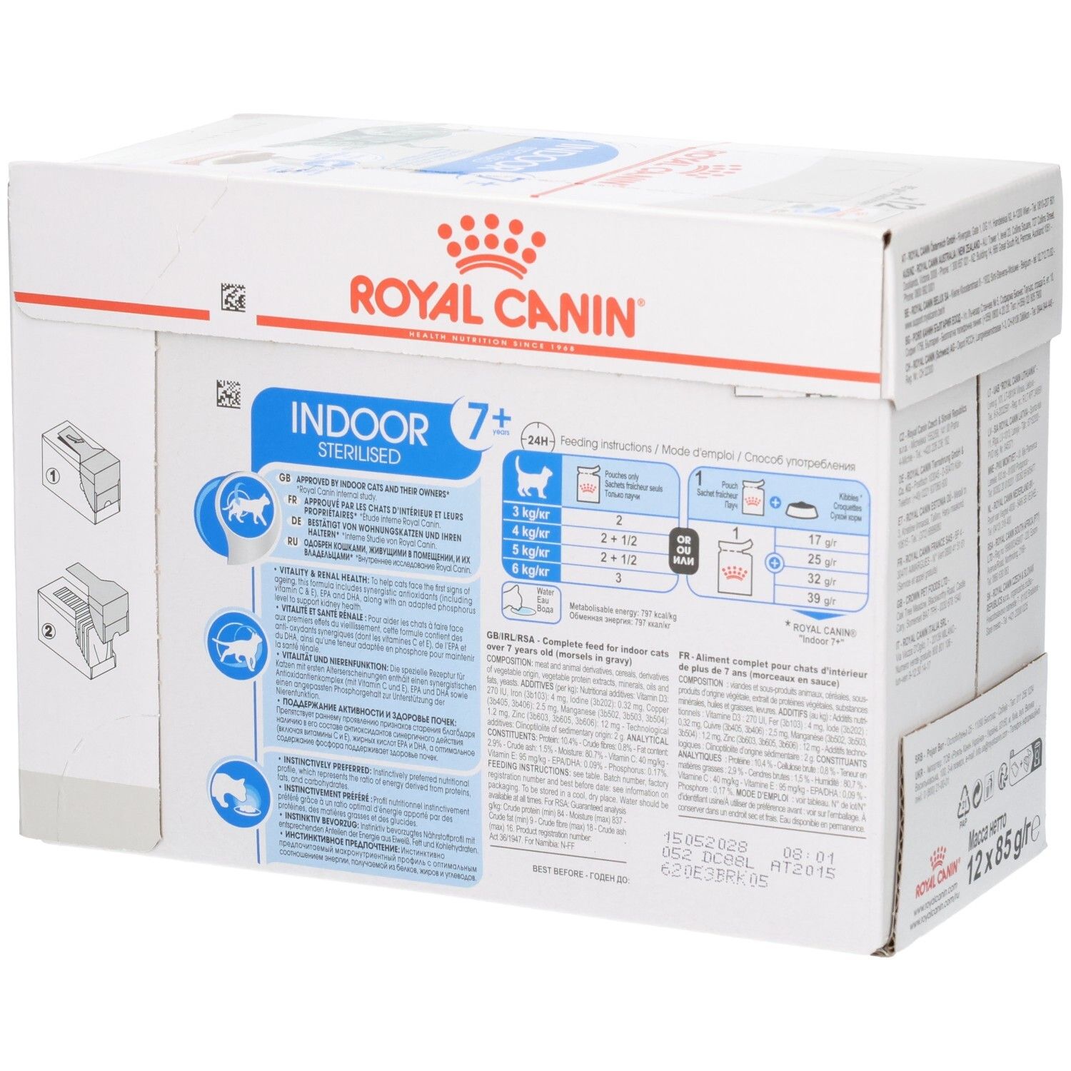 Seite einer Royal Canin Indoor 7+ Sterilised Katzenfutter-Packung mit Fütterungshinweisen.
