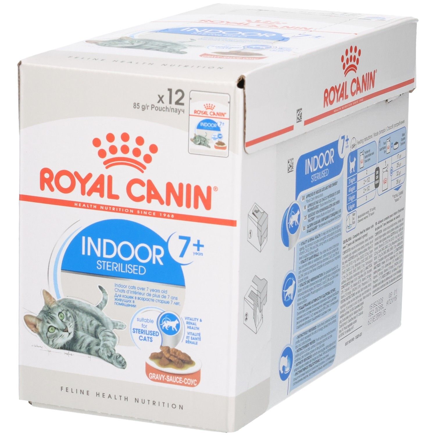 Royal Canin Indoor 7+ Sterilised Katzenfutter-Packung, Vorder- und Seitenansicht.