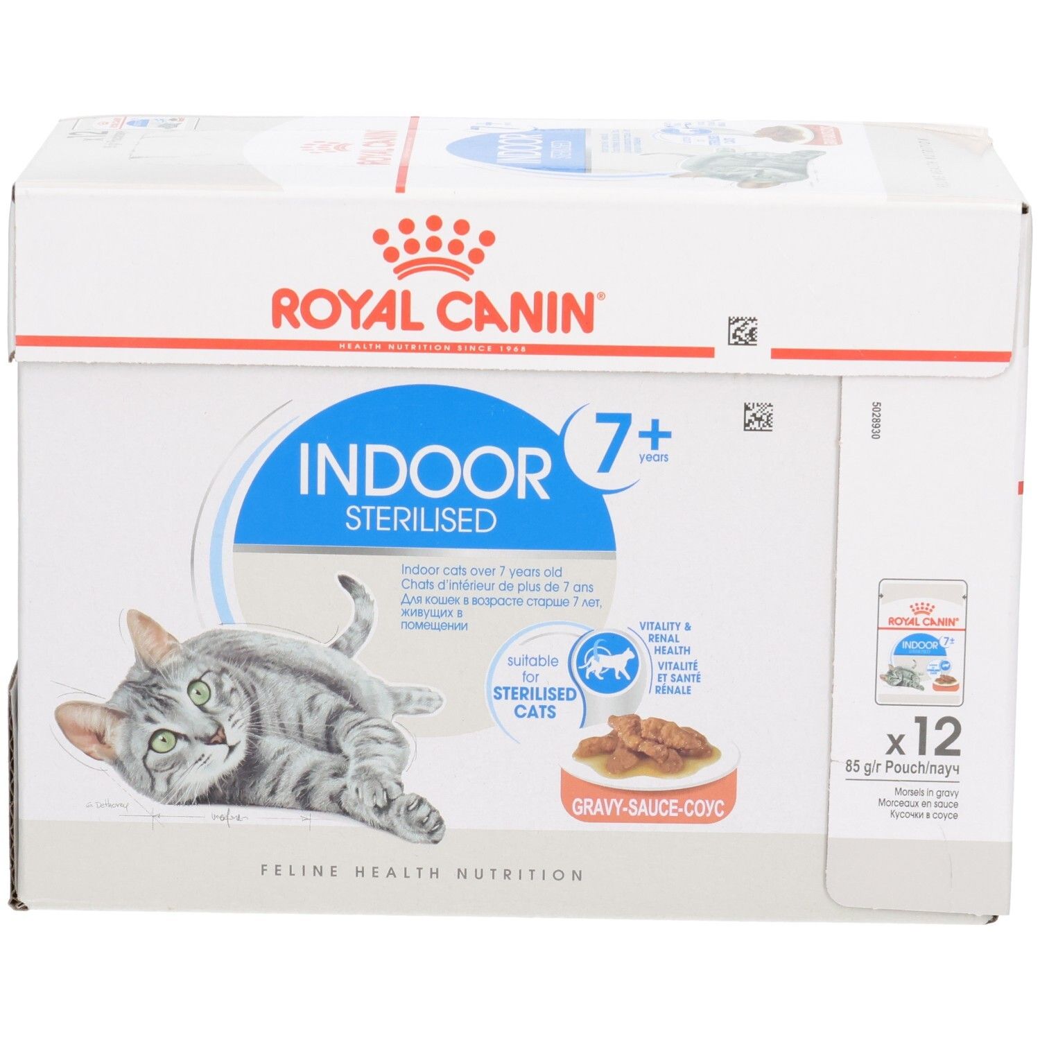 Royal Canin Indoor 7+ Sterilised Katzenfutter-Packung mit Katze und Futter.