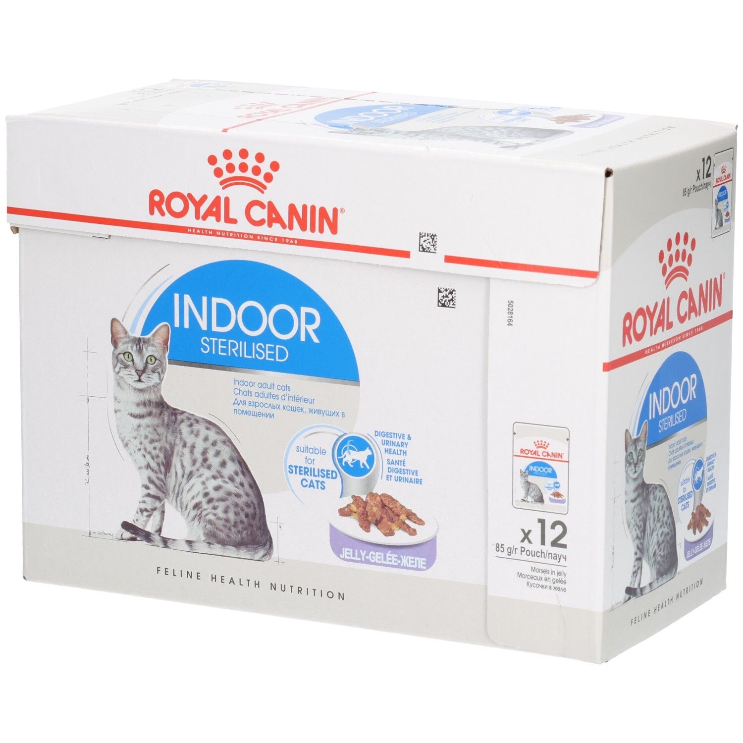 Royal Canin Indoor Sterilised Katzenfutter-Packung mit 12 Beuteln.
