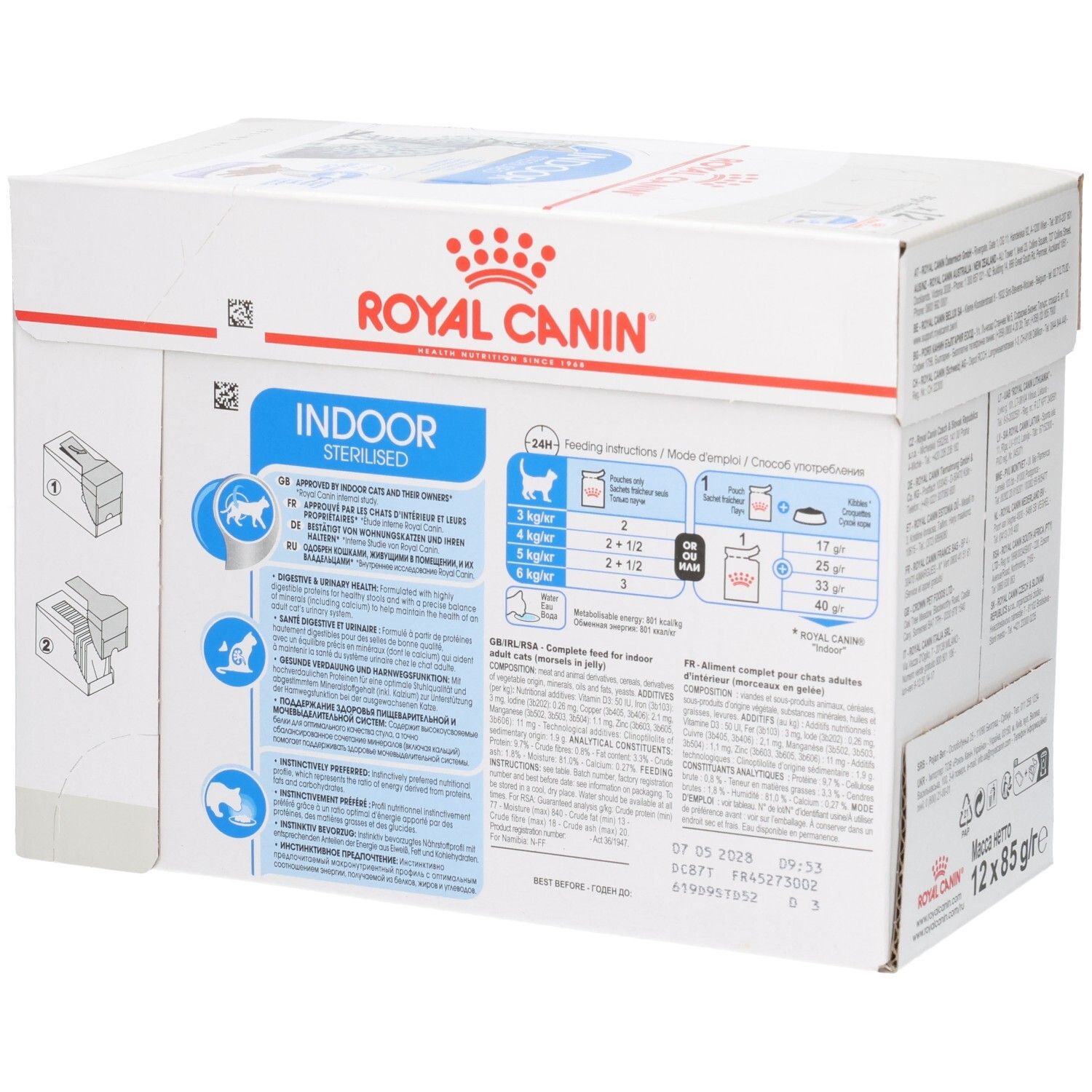 Seitenansicht einer Royal Canin Indoor Sterilised Katzenfutter-Packung mit Fütterungshinweisen.