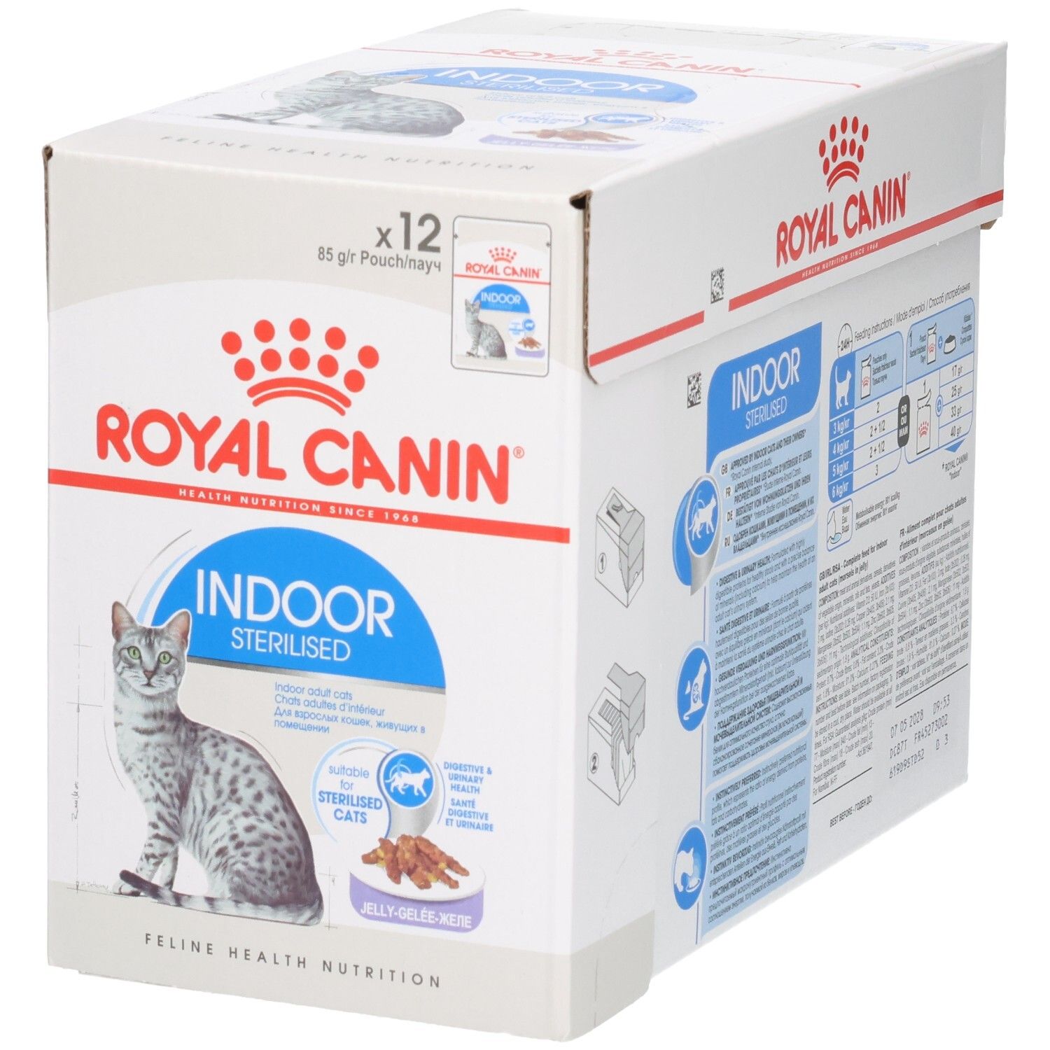 Vorderseite einer Royal Canin Indoor Sterilised Katzenfutter-Packung mit Katzenbild.