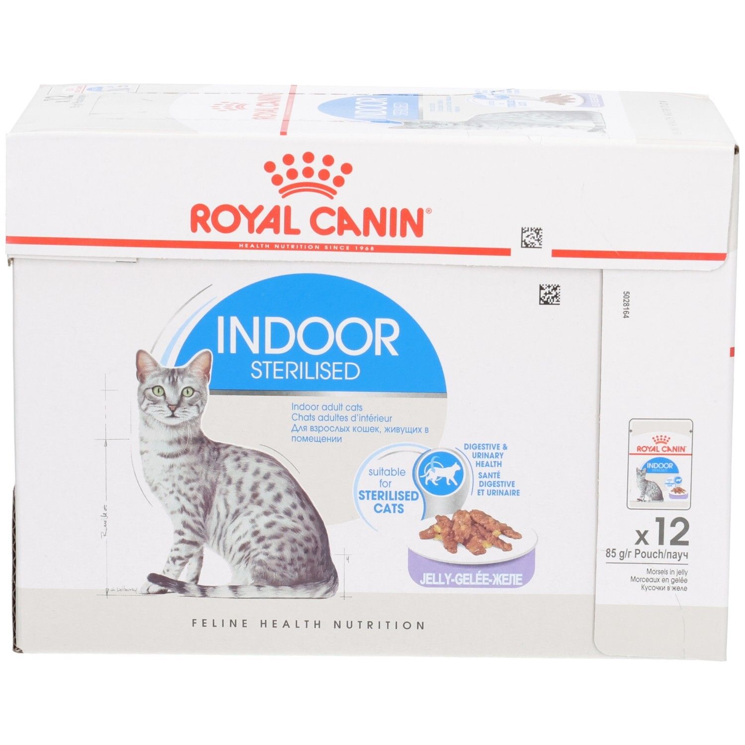 Vorderseite einer Royal Canin Indoor Sterilised Katzenfutter-Packung mit Katzenbild.