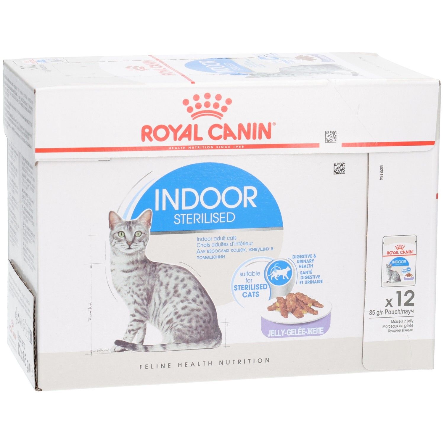 Vorderseite einer Royal Canin Indoor Sterilised Katzenfutter-Packung mit Katzenbild.