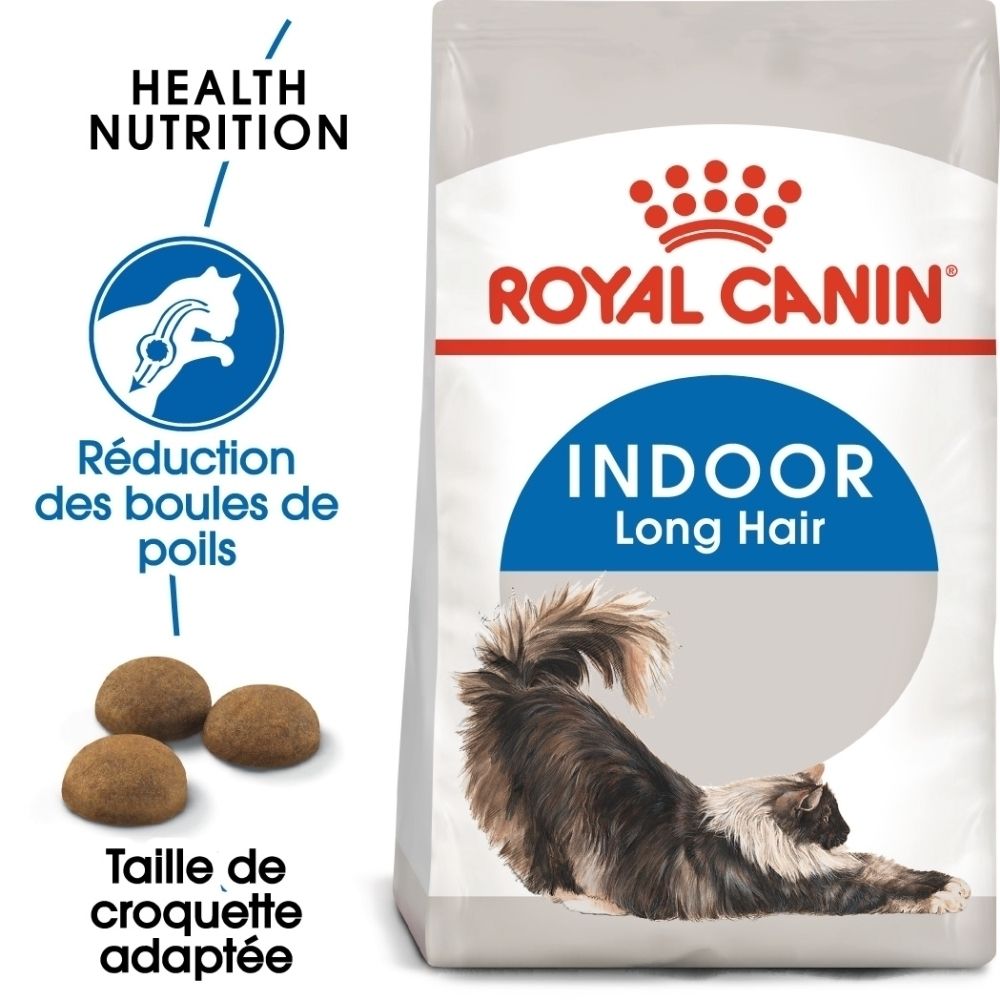 Royal Canin Indoor Long Hair Katzenfutter-Packung mit Illustration einer Katze und Text zu Gesundheit und Ernährung.