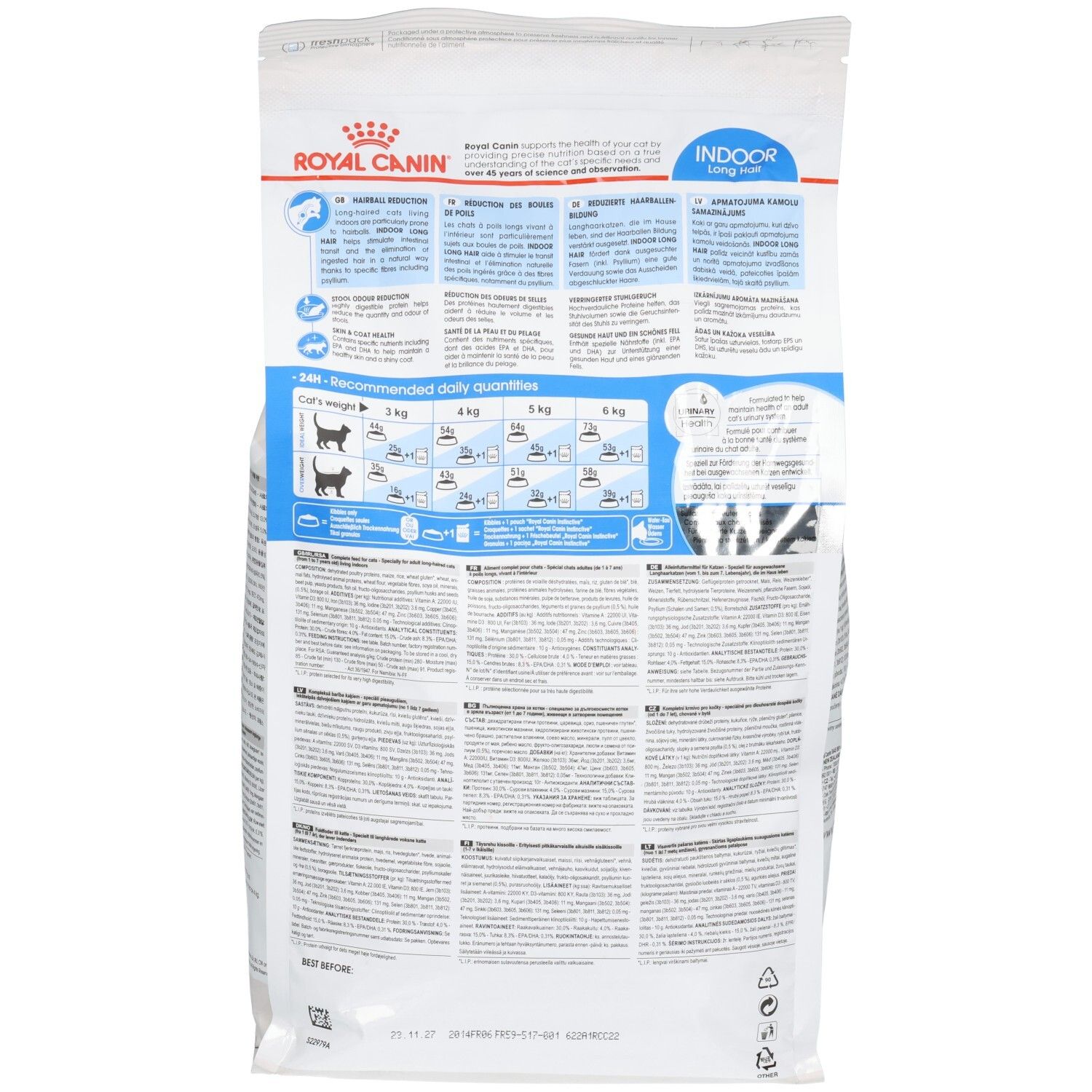 Rückseite eines Royal Canin Home Life Indoor Long Hair Katzenfutterbeutels mit Fütterungstabellen.