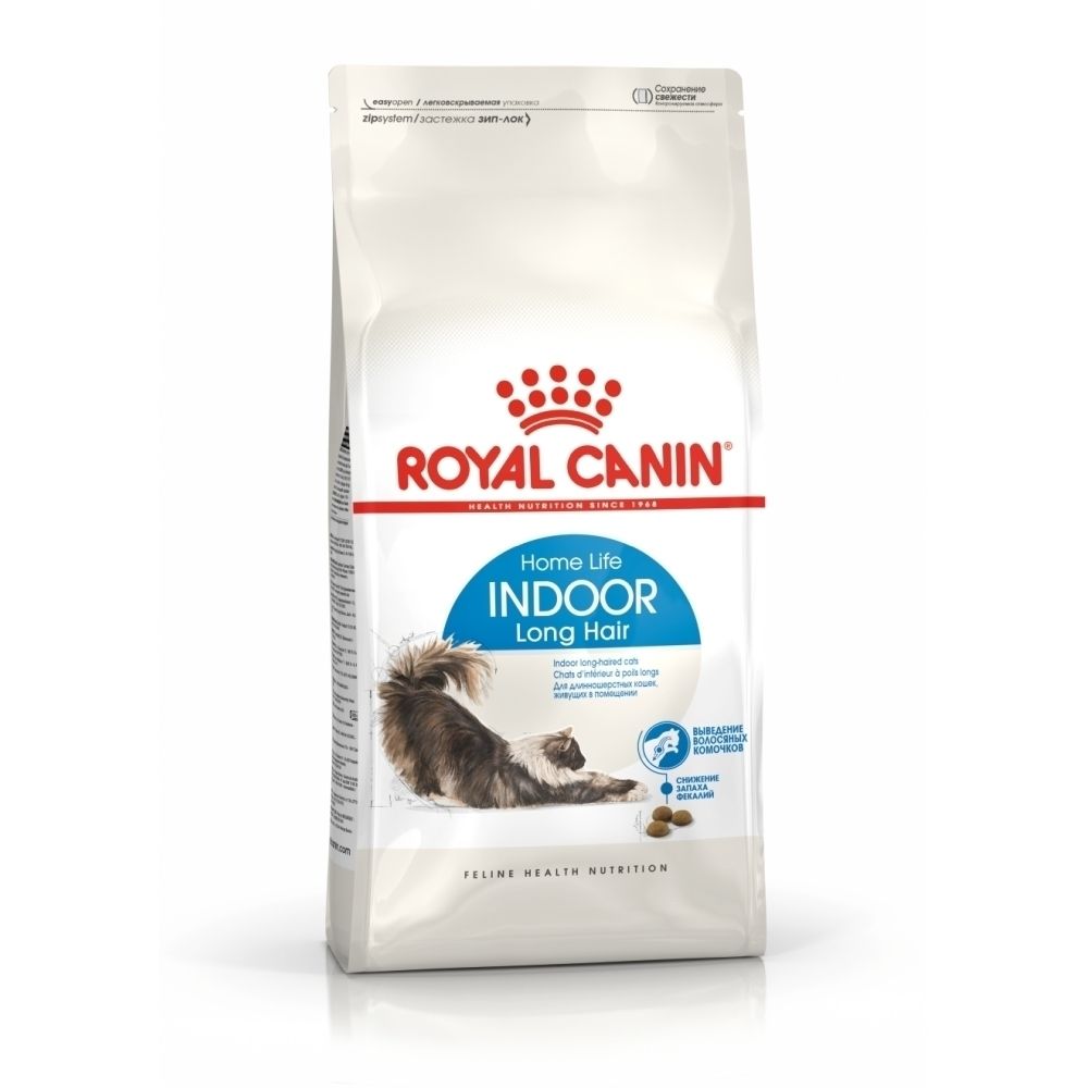Royal Canin Indoor Long Hair Katzenfutter-Beutel mit Bild einer Katze und Produktinformationen.