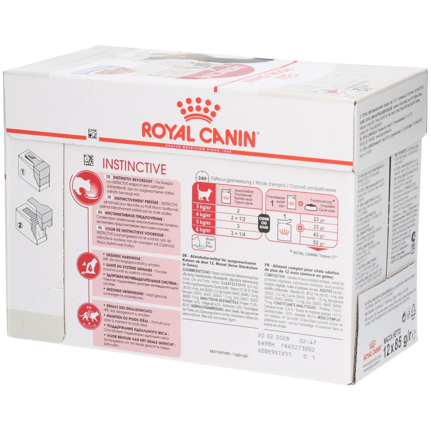 Royal Canin Instinctive Multipack: Seitenansicht mit Fütterungsempfehlungen und Produktmerkmalen.