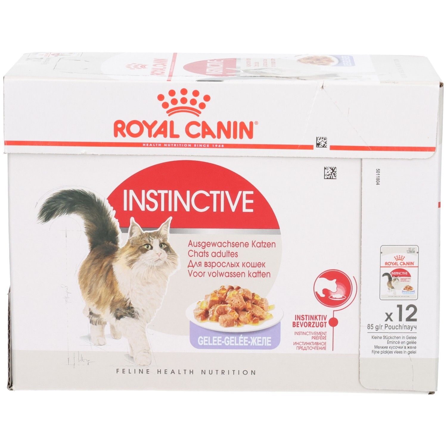Royal Canin Instinctive Multipack: Karton mit 12 x 85g Beuteln, zeigt Katze und Futter in Gelee.