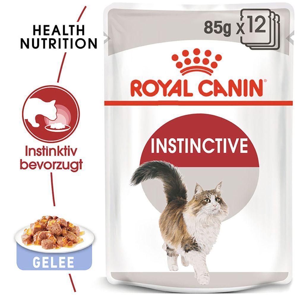 Ein Beutel Royal Canin Instinctive Katzenfutter in Gelee, 85g x 12 Packung, mit Bild einer Katze und Produktinformationen.